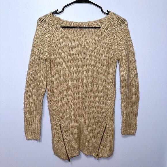 None Sweaters - Women's Chunky Knit Sweater Medium Beige Gold Zipper Scoop Neck Long Sleeve Top